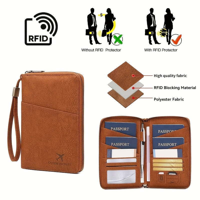 Portefeuille femme de voyage zippé, 4 passeports et anti-RFID