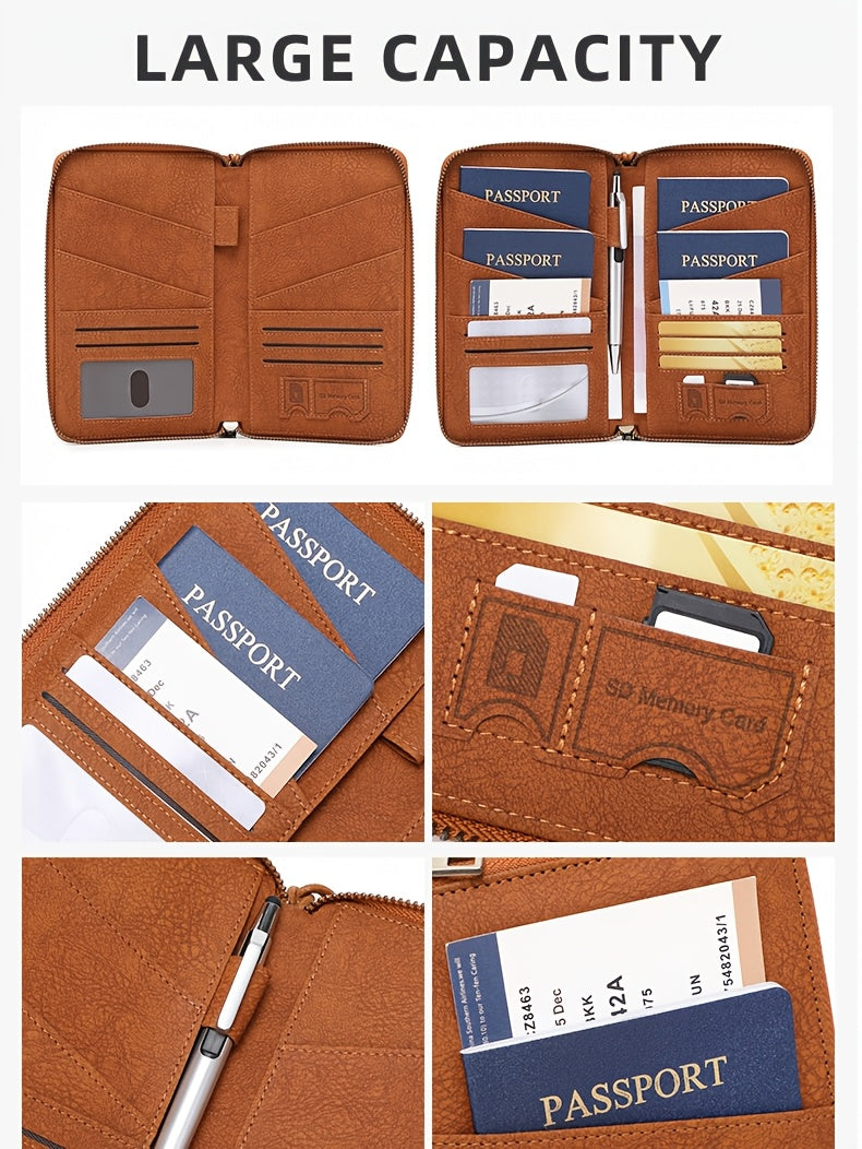 Portefeuille femme de voyage zippé, 4 passeports et anti-RFID