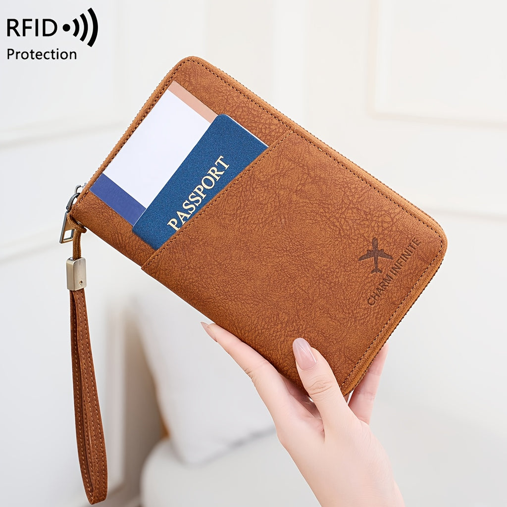 Portefeuille femme de voyage zippé, 4 passeports et anti-RFID