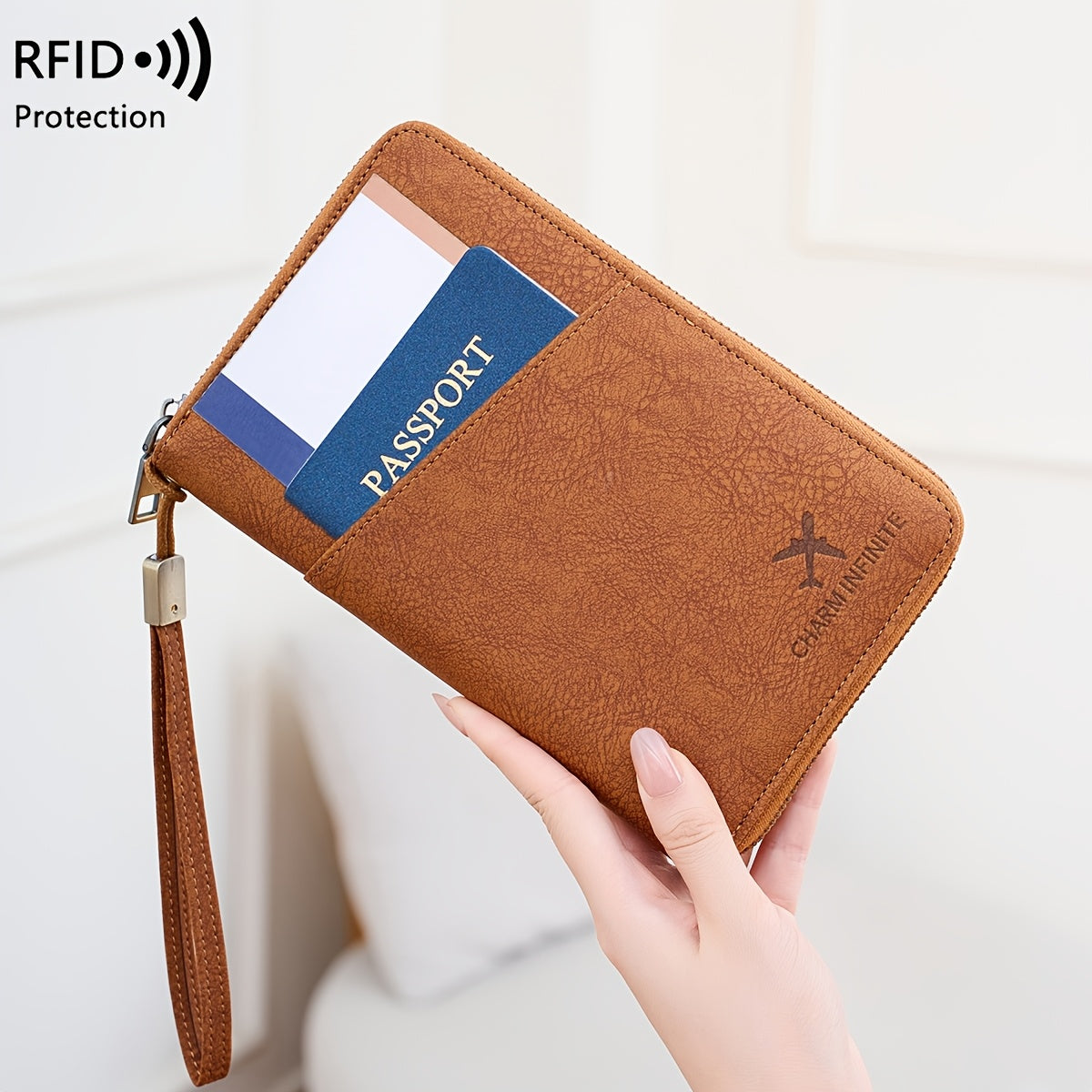 Portefeuille femme de voyage zippé, 4 passeports et anti-RFID