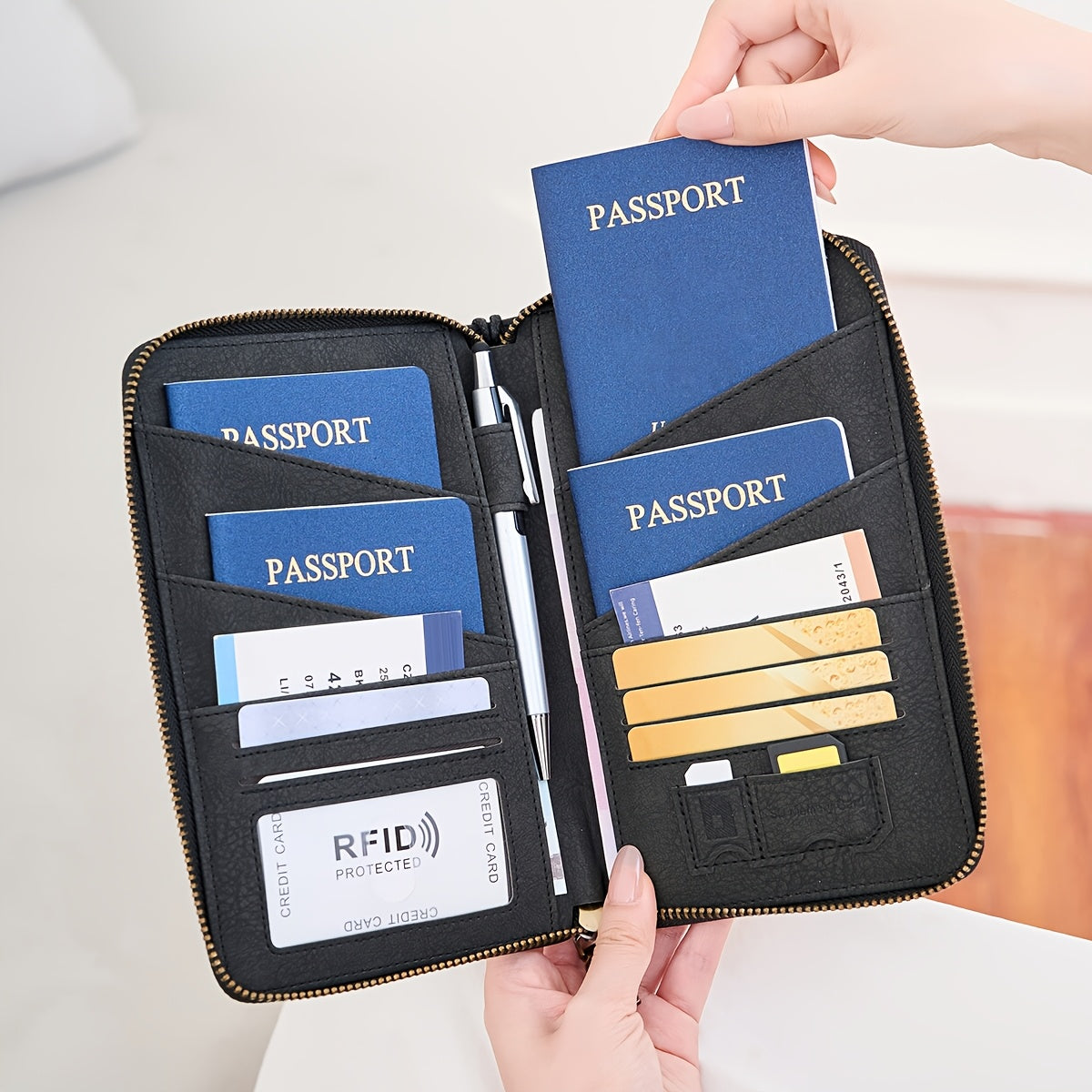 Portefeuille femme de voyage zippé, 4 passeports et anti-RFID