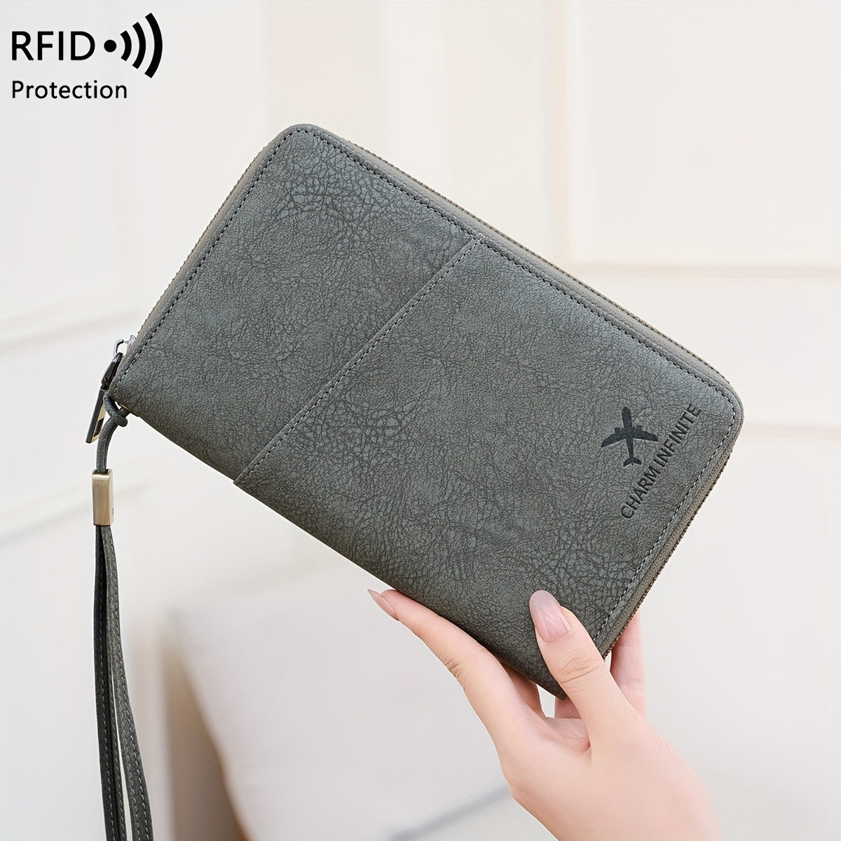 Portefeuille femme de voyage zippé, 4 passeports et anti-RFID