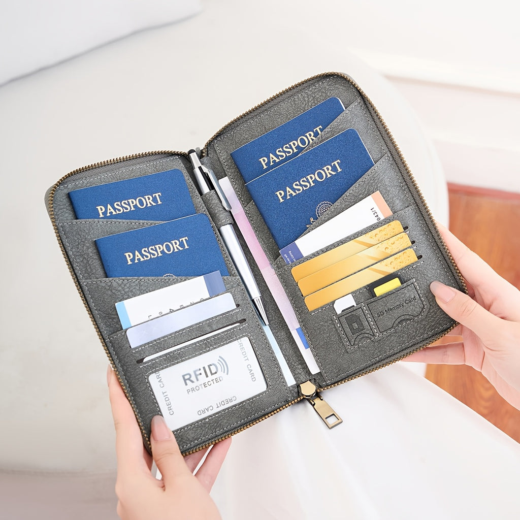 Portefeuille femme de voyage zippé, 4 passeports et anti-RFID