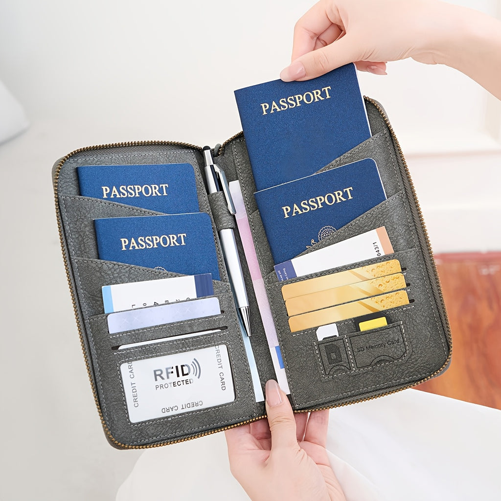 Portefeuille femme de voyage zippé, 4 passeports et anti-RFID