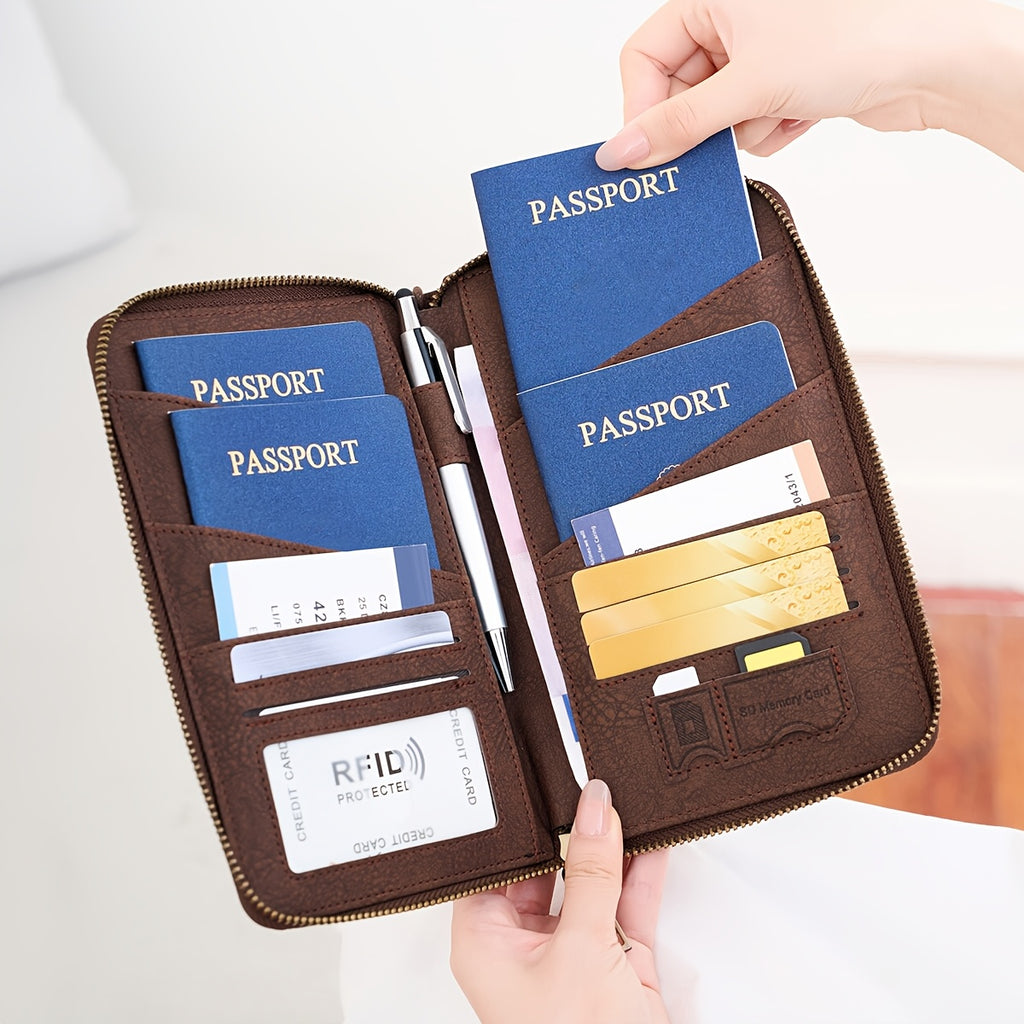 Portefeuille femme de voyage zippé, 4 passeports et anti-RFID