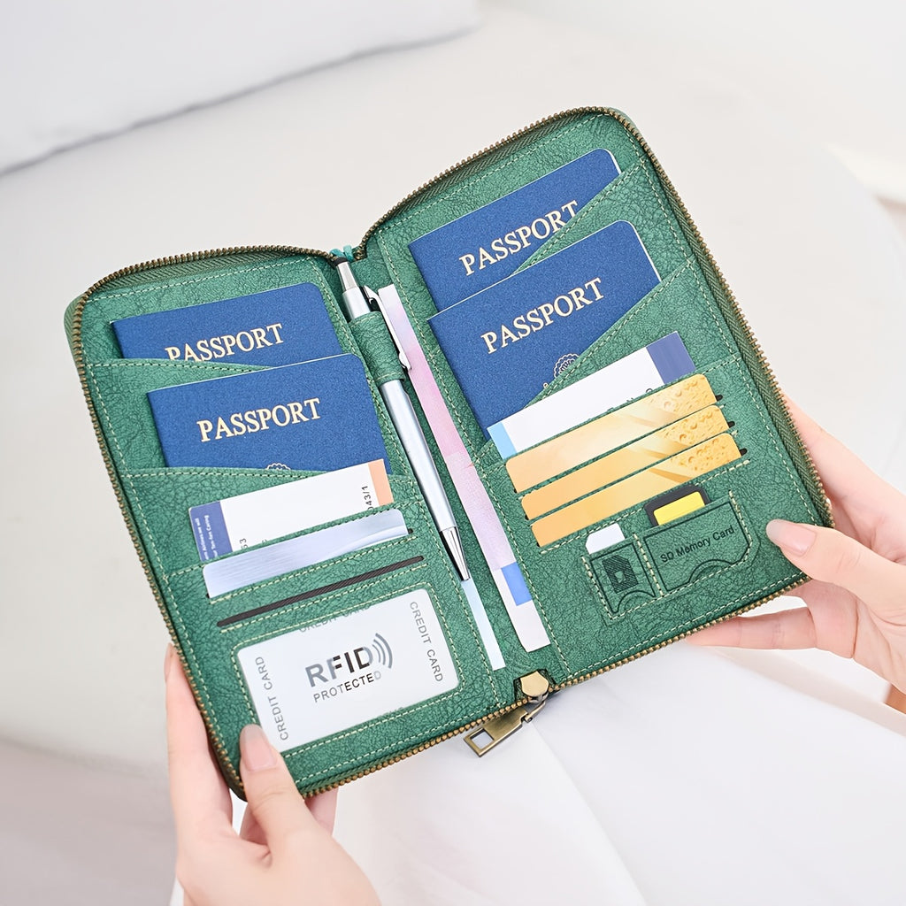 Portefeuille femme de voyage zippé, 4 passeports et anti-RFID