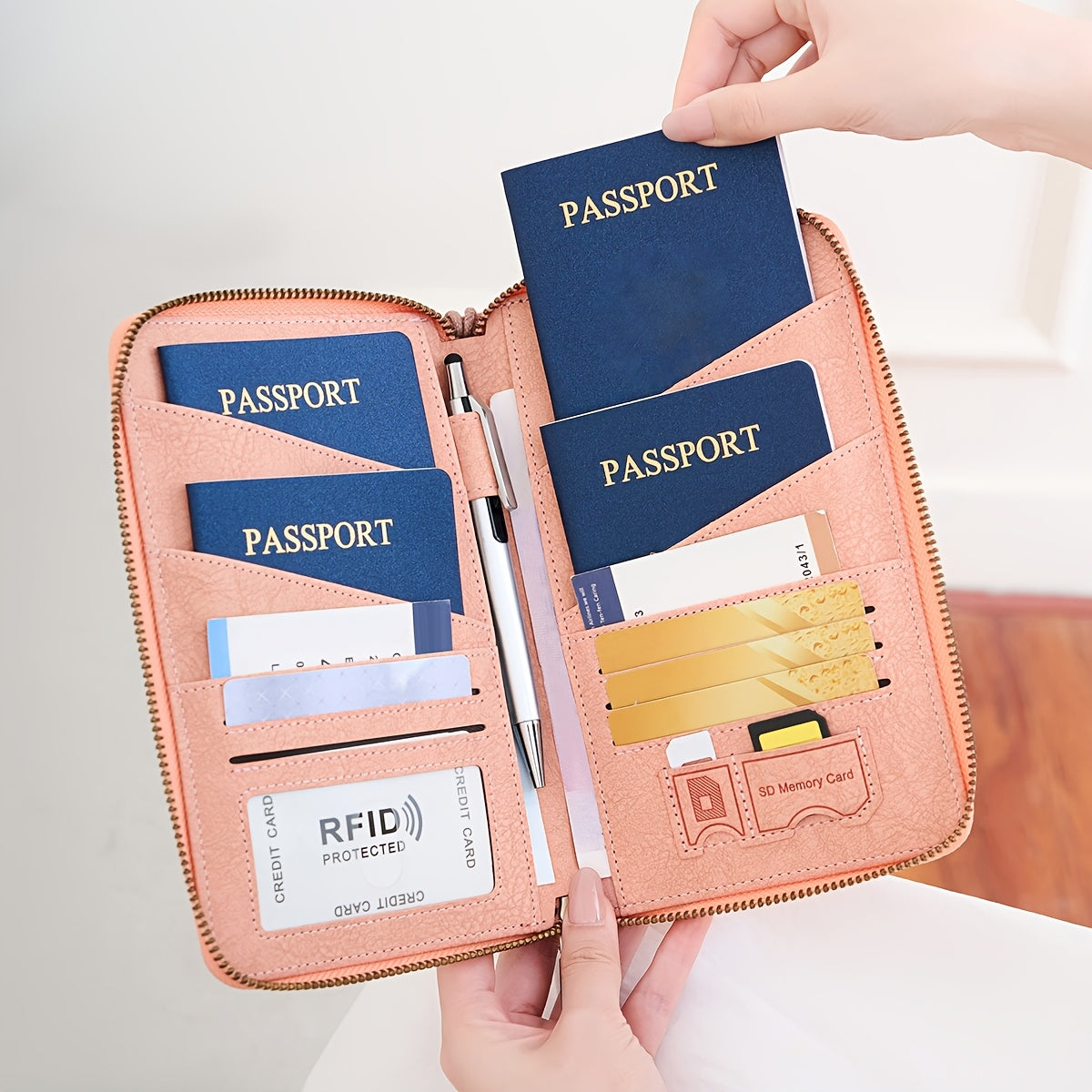 Portefeuille femme de voyage zippé, 4 passeports et anti-RFID