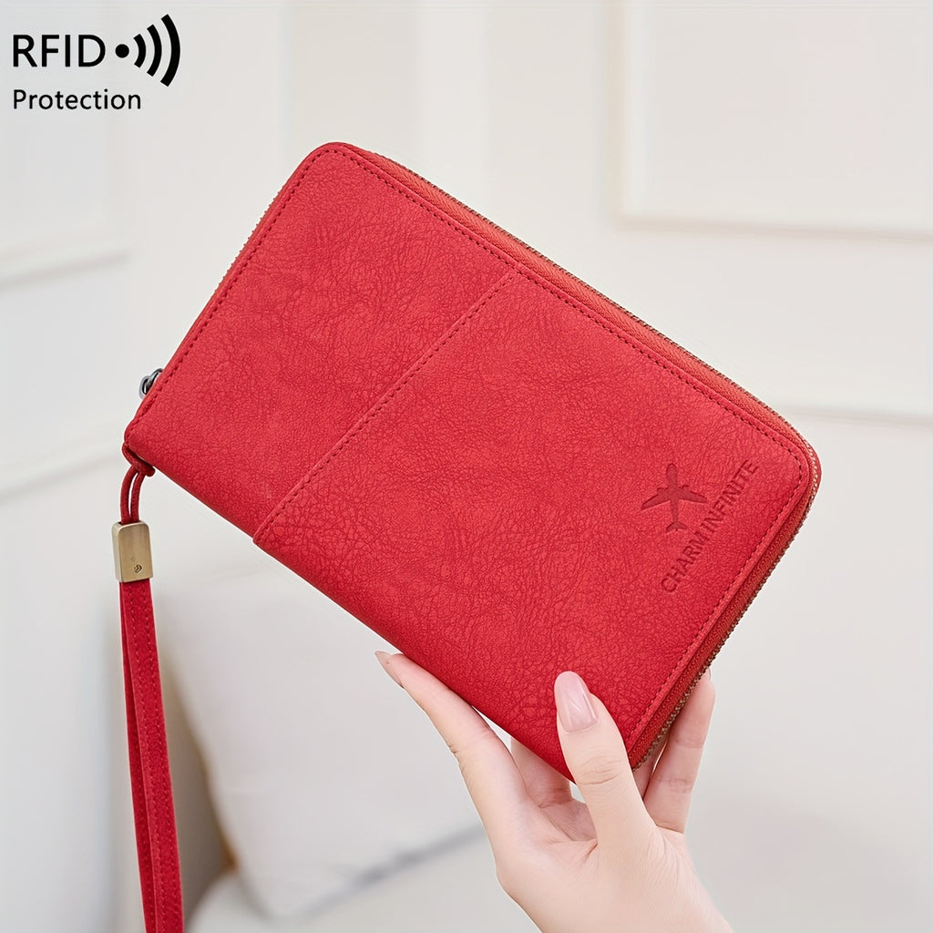 Portefeuille femme de voyage zippé, 4 passeports et anti-RFID