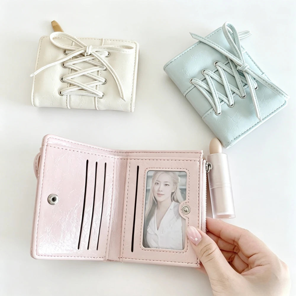 Portefeuille court Y2K ultra-fin avec laçage corset et nœud pour femme — photo 4 Image