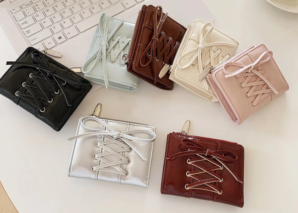 Portefeuille court Y2K ultra-fin avec laçage corset et nœud pour femme — photo 6