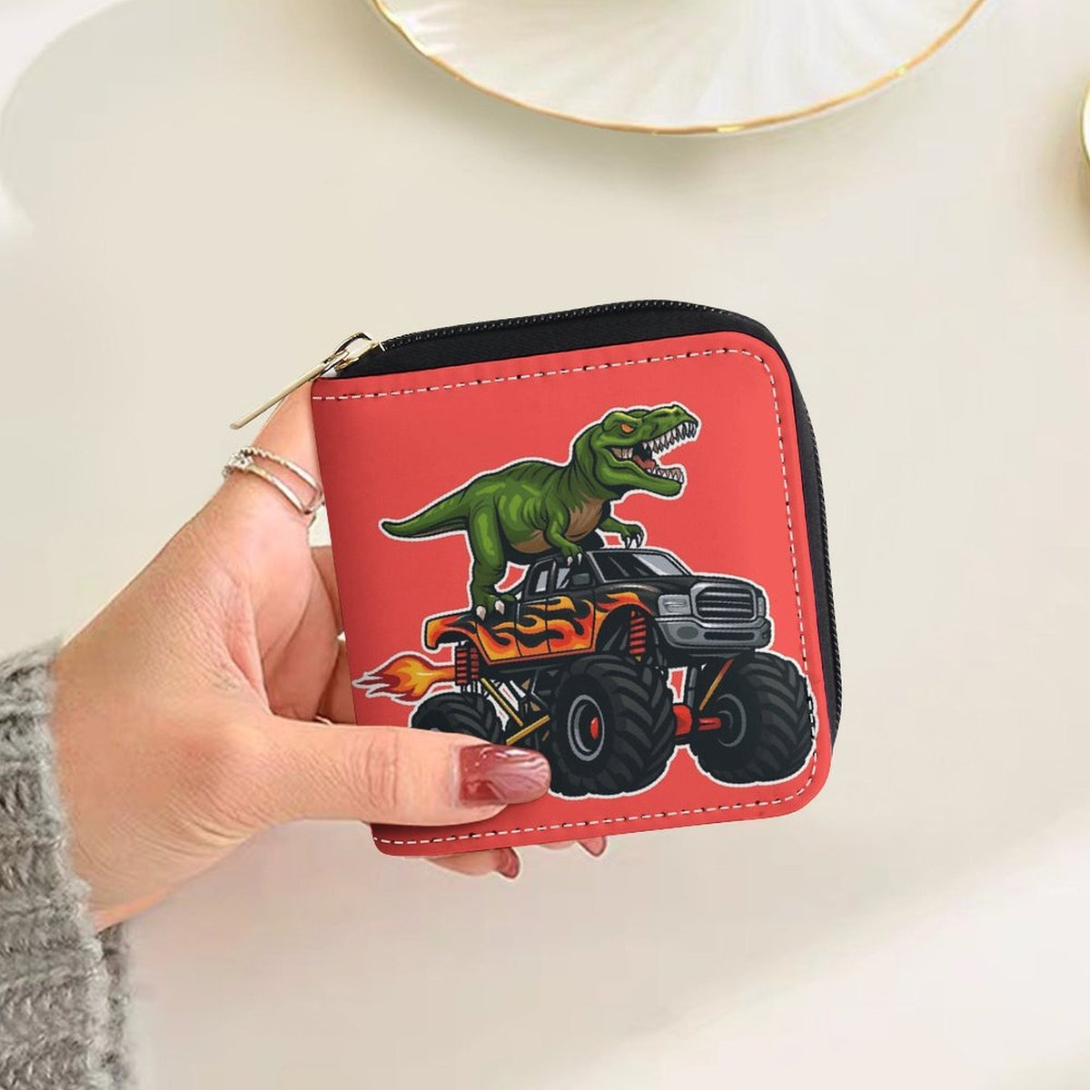 Portefeuille femme zippé carré, imprimé dinosaure rouge