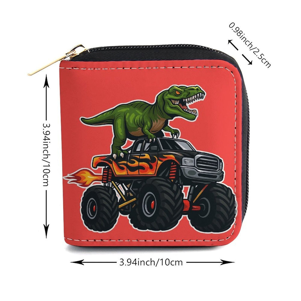 Portefeuille femme zippé carré, imprimé dinosaure rouge