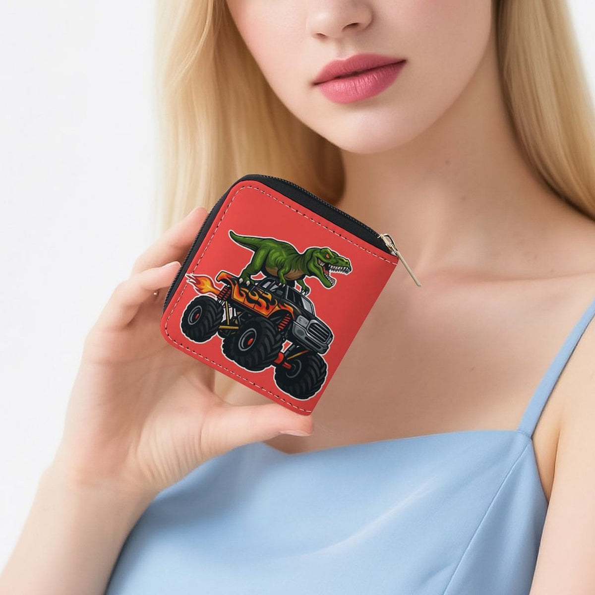 Portefeuille femme zippé carré, imprimé dinosaure rouge