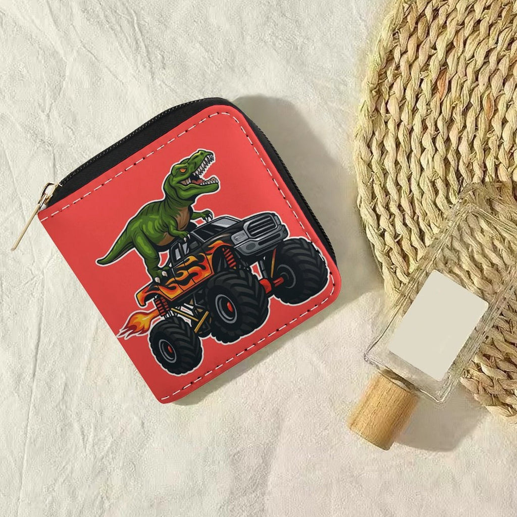 Portefeuille femme zippé carré, imprimé dinosaure rouge