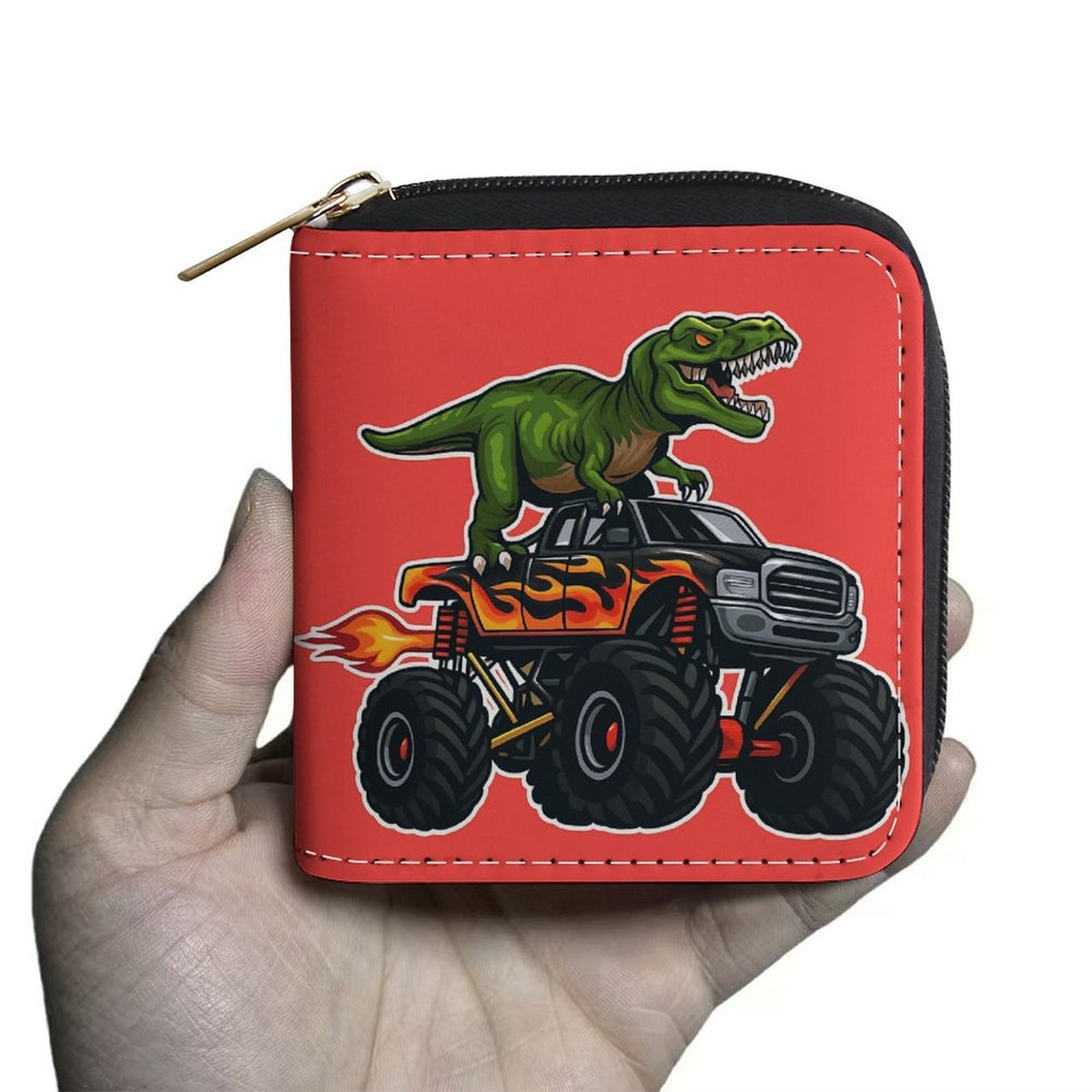 Portefeuille femme zippé carré, imprimé dinosaure rouge