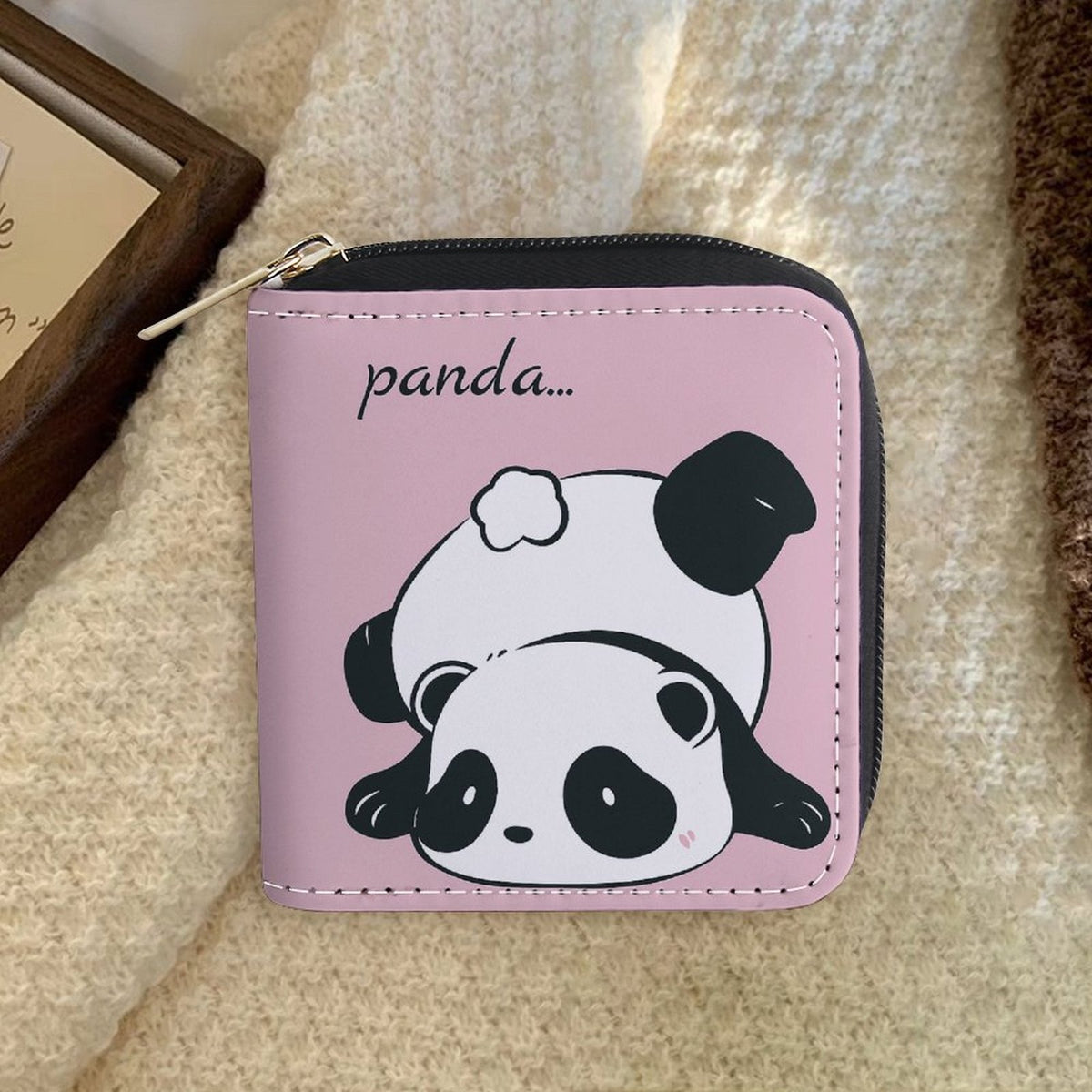 Portefeuille femme zippé carré, imprimé panda sur fond rose