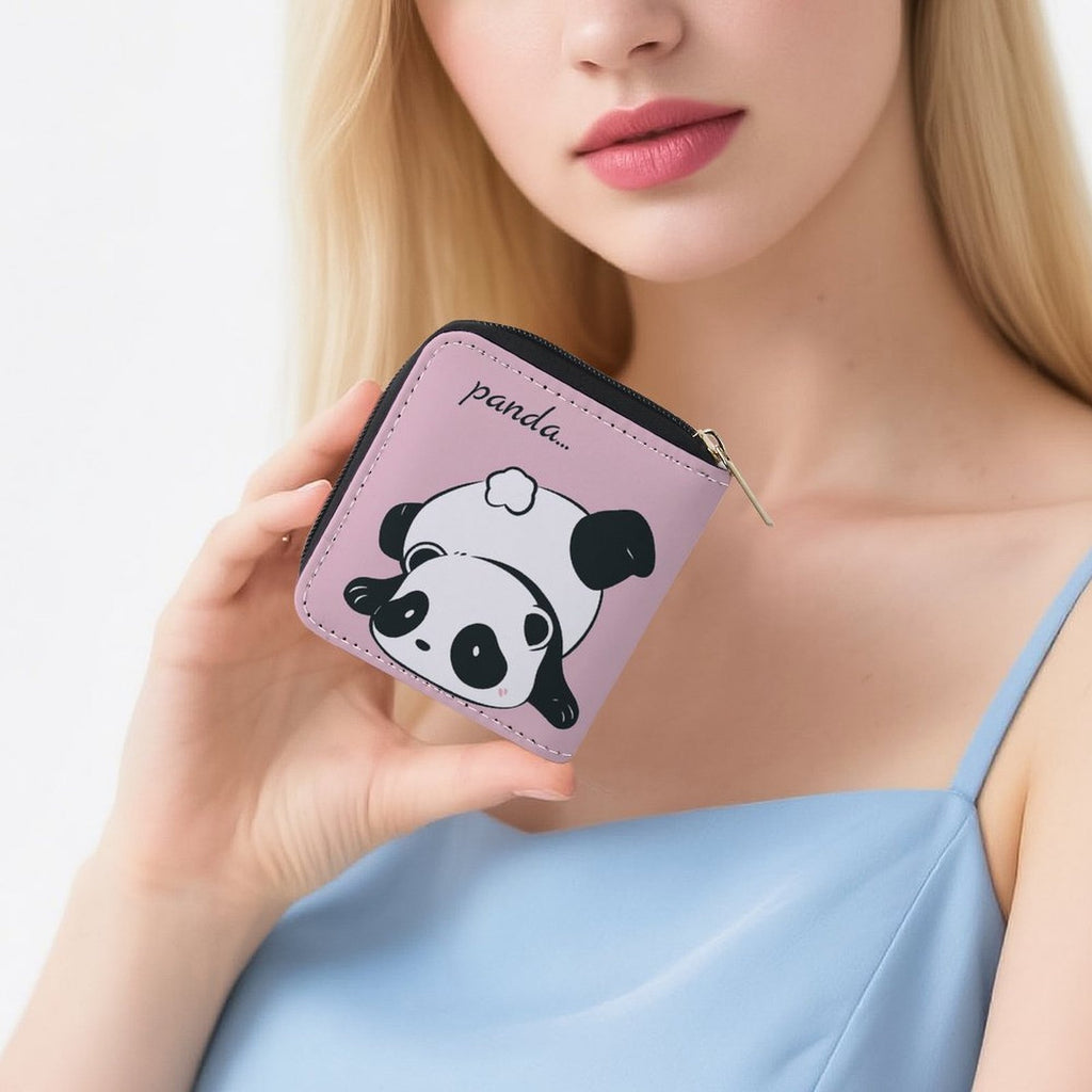 Portefeuille femme zippé carré, imprimé panda sur fond rose