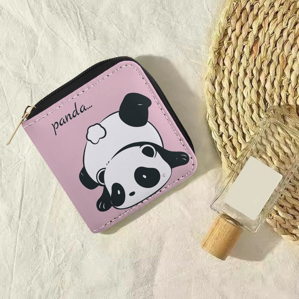 Portefeuille femme zippé carré, imprimé panda sur fond rose