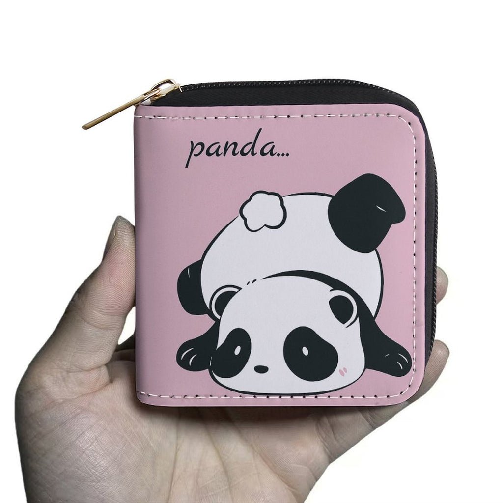 Portefeuille femme zippé carré, imprimé panda sur fond rose