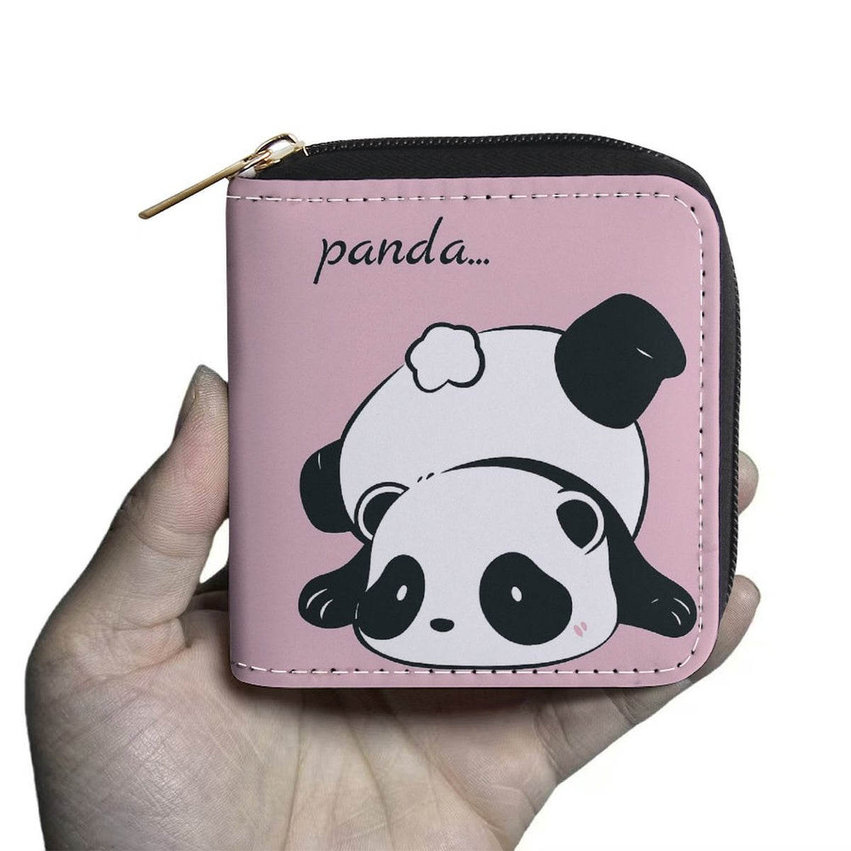 Portefeuille femme zippé carré, imprimé panda sur fond rose