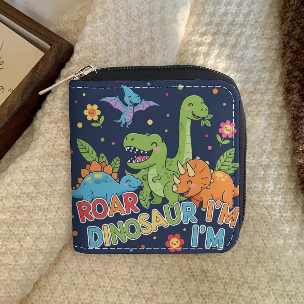 Portefeuille femme zippé 10 cm, dinosaures sur bleu nuit