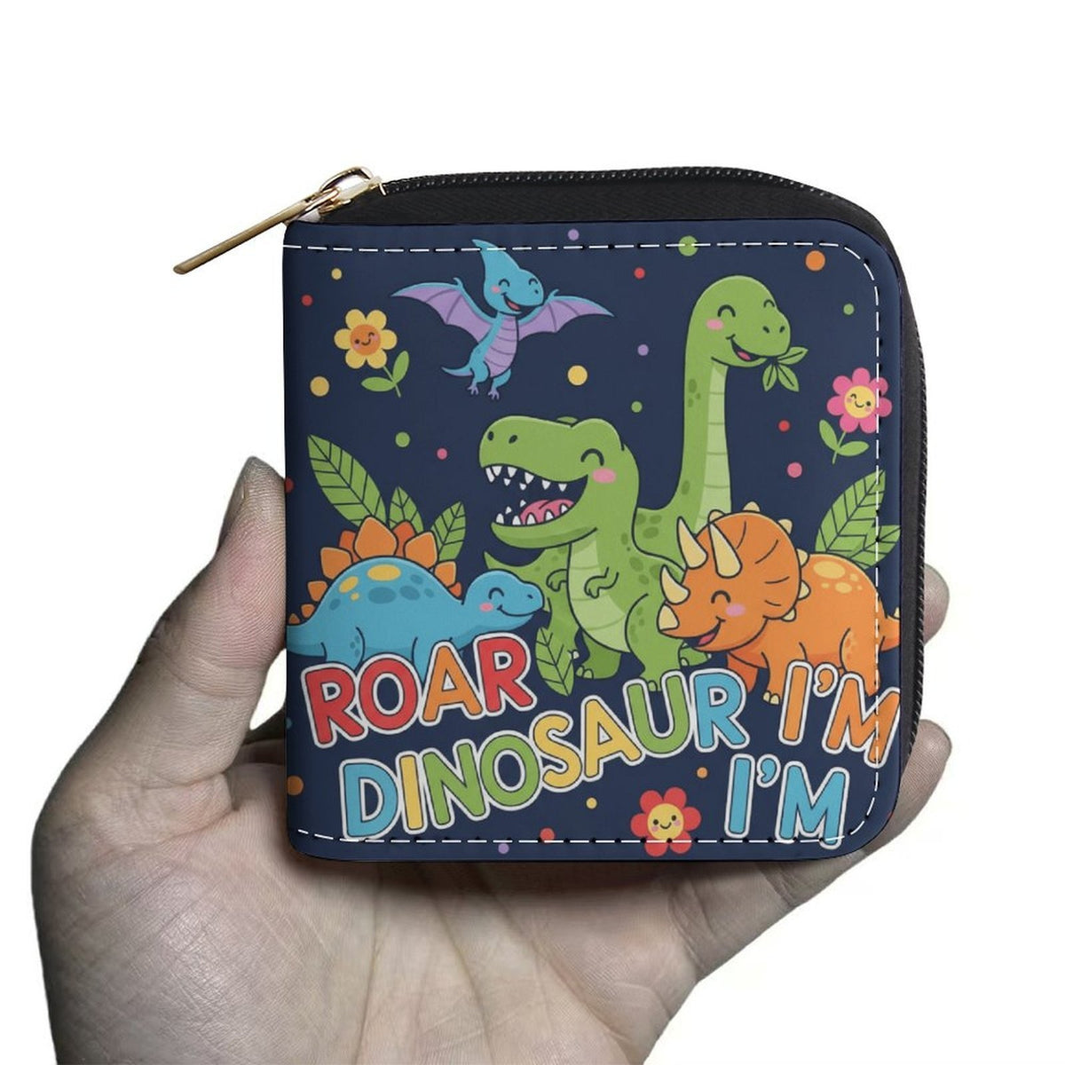 Portefeuille femme zippé 10 cm, dinosaures sur bleu nuit