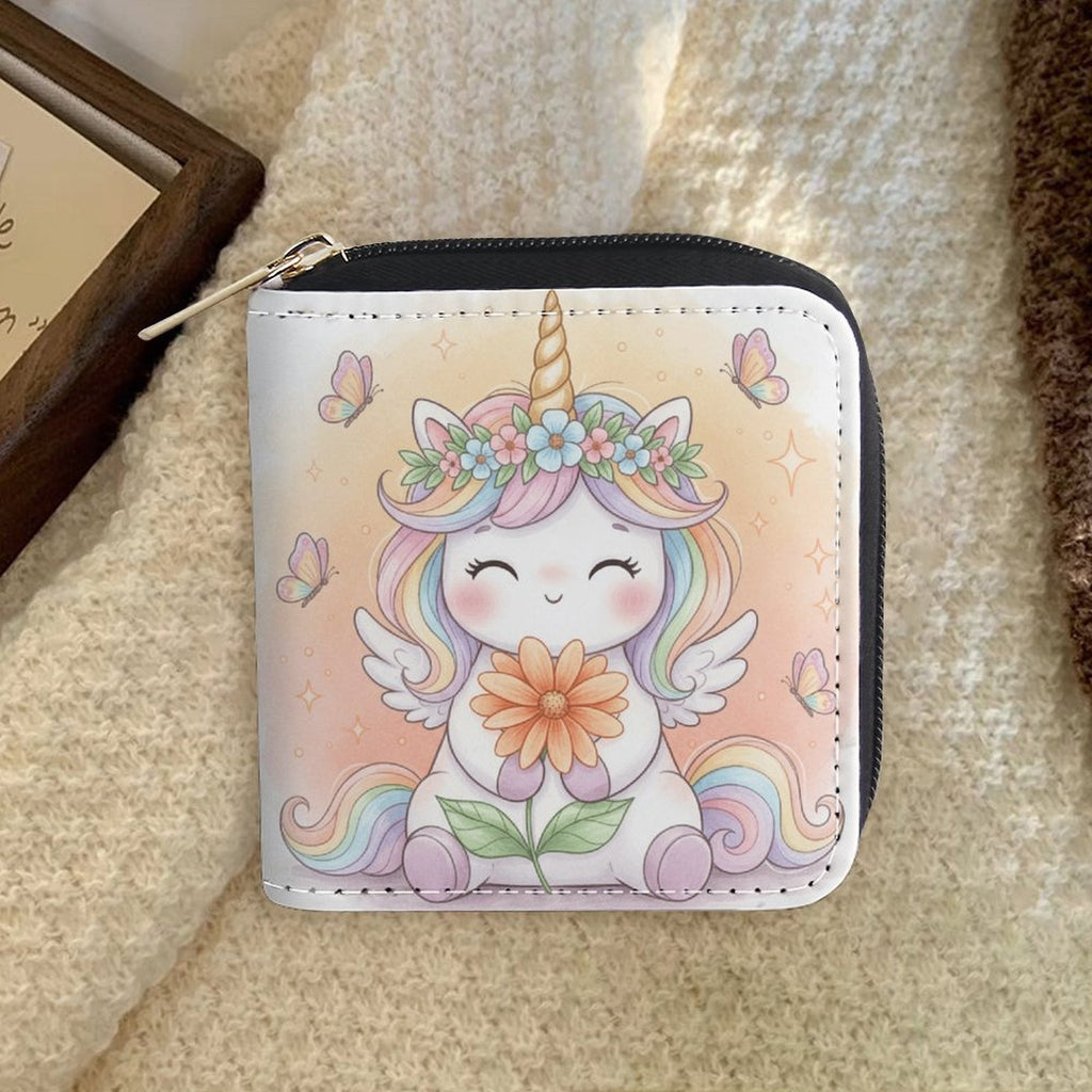 Portefeuille femme zippé licorne, similicuir blanc pastel