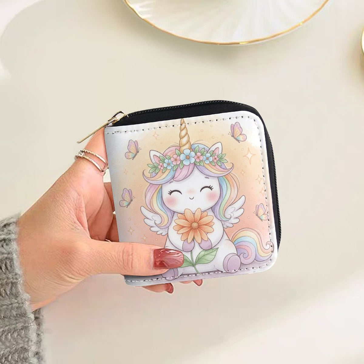 Portefeuille femme zippé licorne, similicuir blanc pastel
