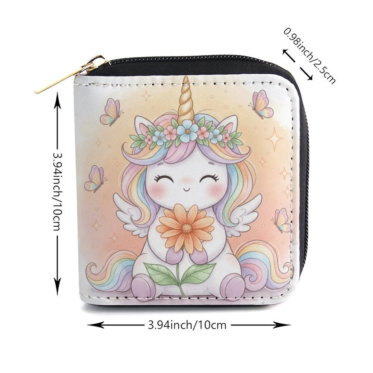 Portefeuille femme zippé licorne, similicuir blanc pastel