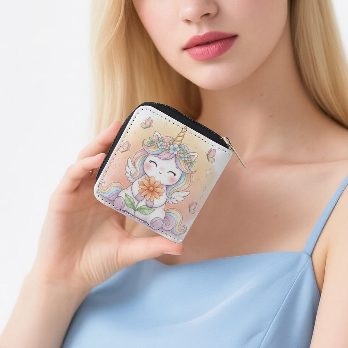 Portefeuille femme zippé licorne, similicuir blanc pastel