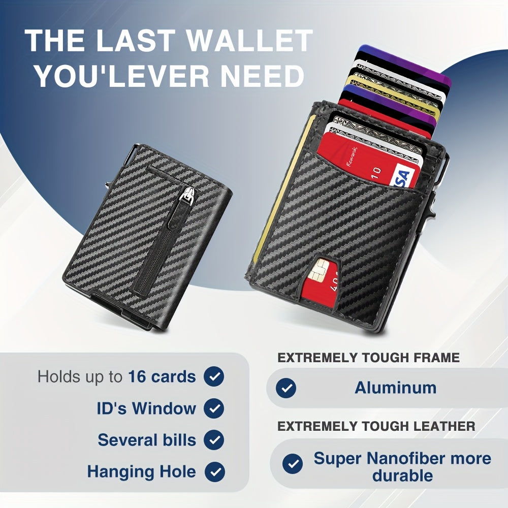 Portefeuille homme 16 cartes, cadre aluminium et poche zippée