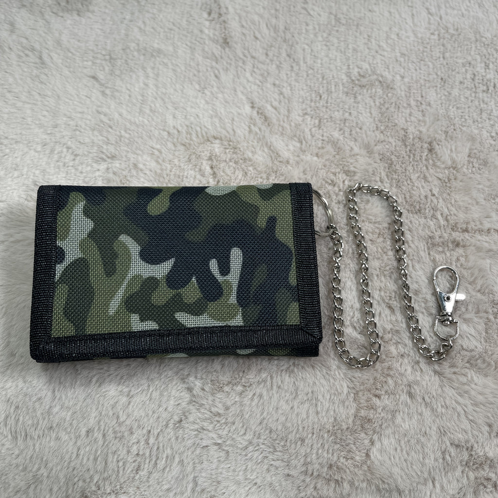 Portefeuille homme 3 volets en toile camouflage à chaîne