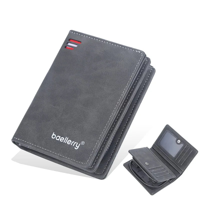 Portefeuille homme court en cuir pu vintage à grande capacité avec poche monnaie zippée — photo 1