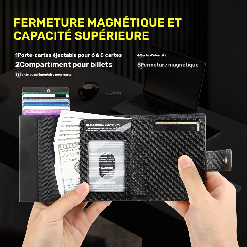 Portefeuille homme compact à chargeur métal et poche pressionnée