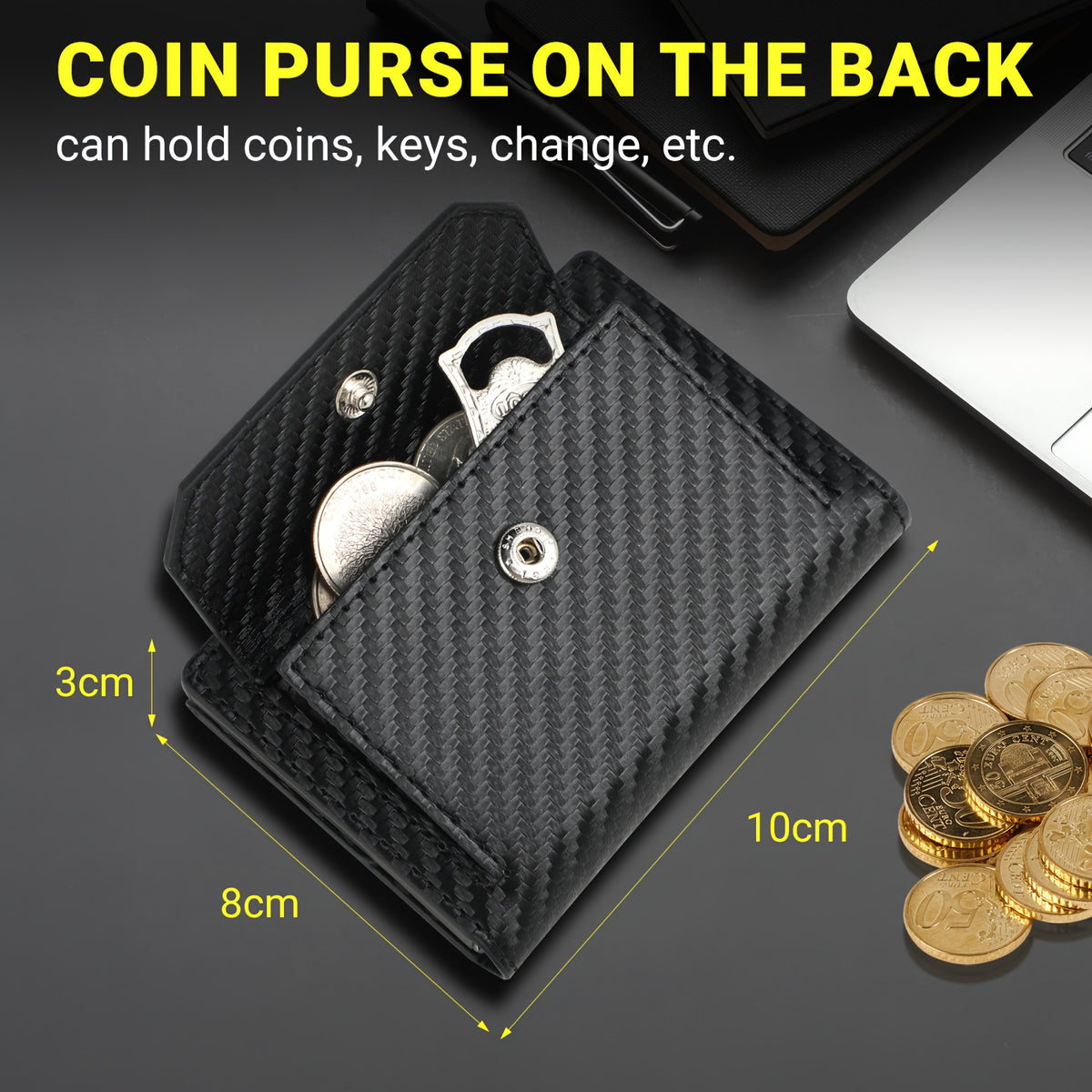 Portefeuille homme compact à chargeur métal et poche pressionnée
