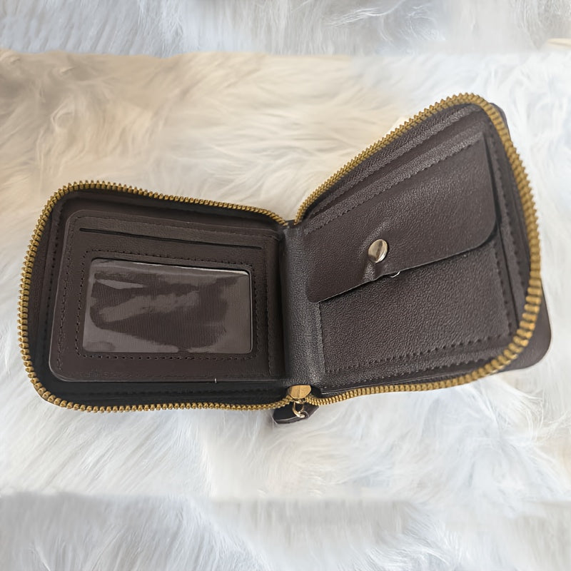 Portefeuille homme compact en PU, zip et bouton pression