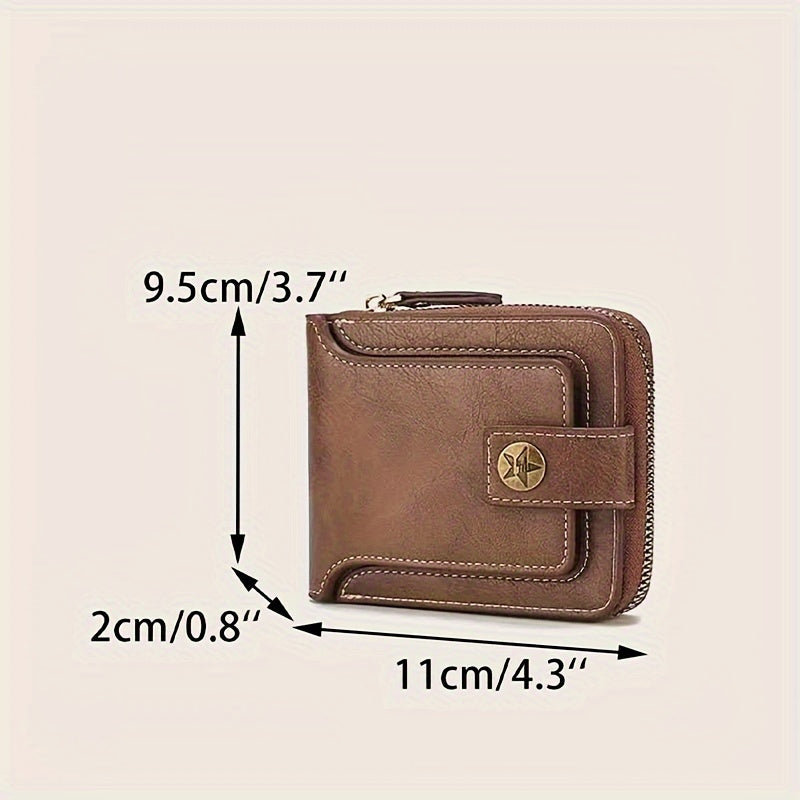 Portefeuille homme compact en PU, zip et bouton pression