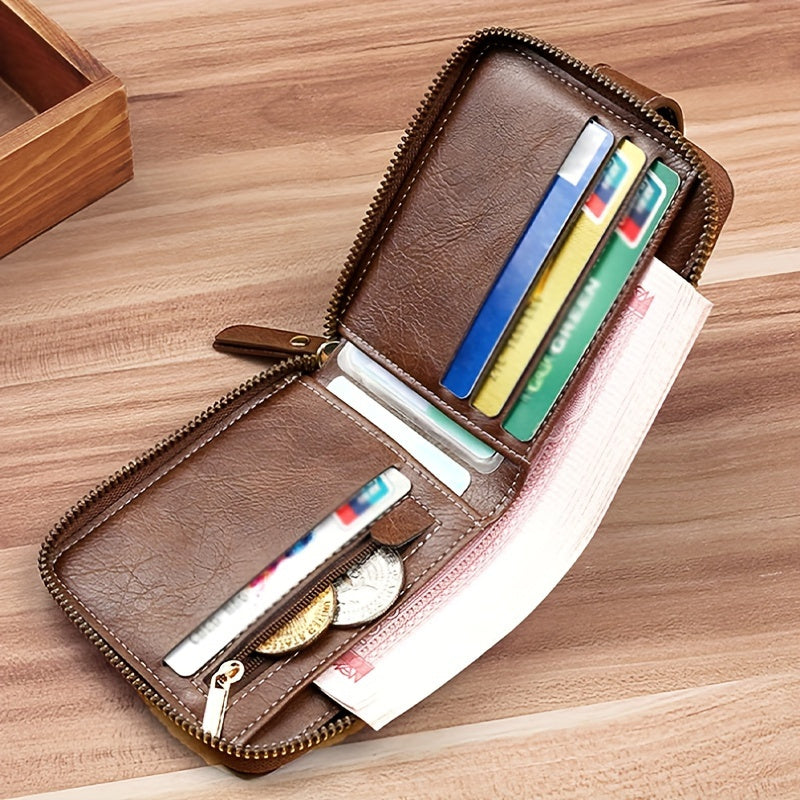 Portefeuille homme compact en PU, zip et bouton pression