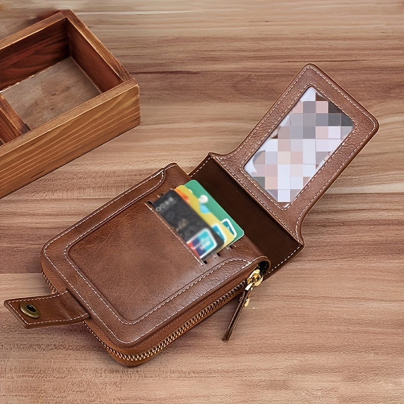 Portefeuille homme compact en PU, zip et bouton pression