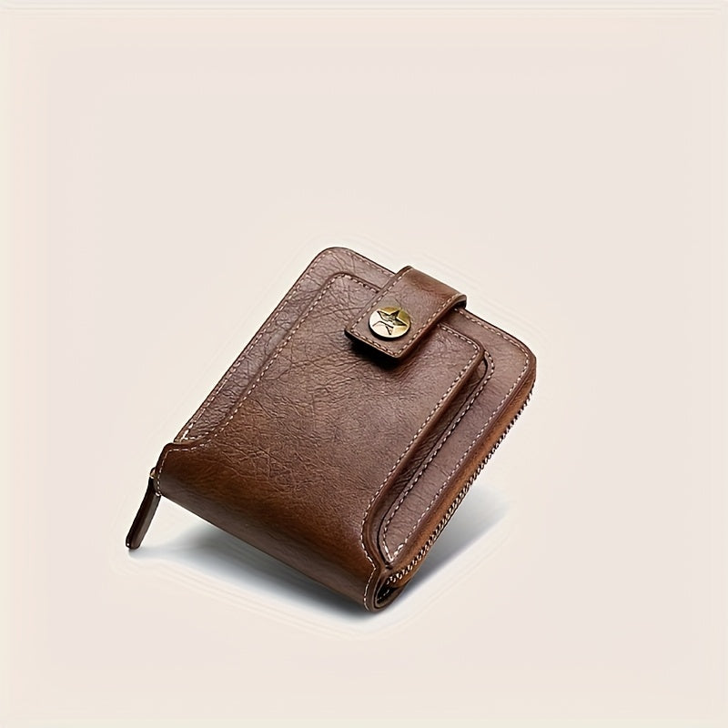 Portefeuille homme compact en PU, zip et bouton pression