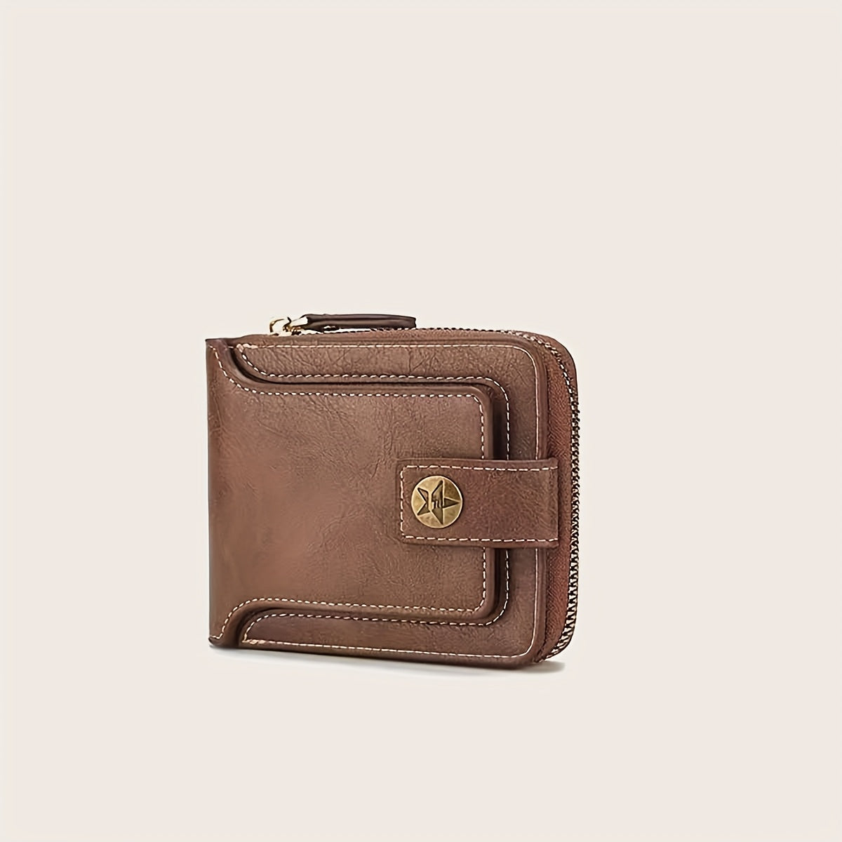 Portefeuille homme compact en PU, zip et bouton pression