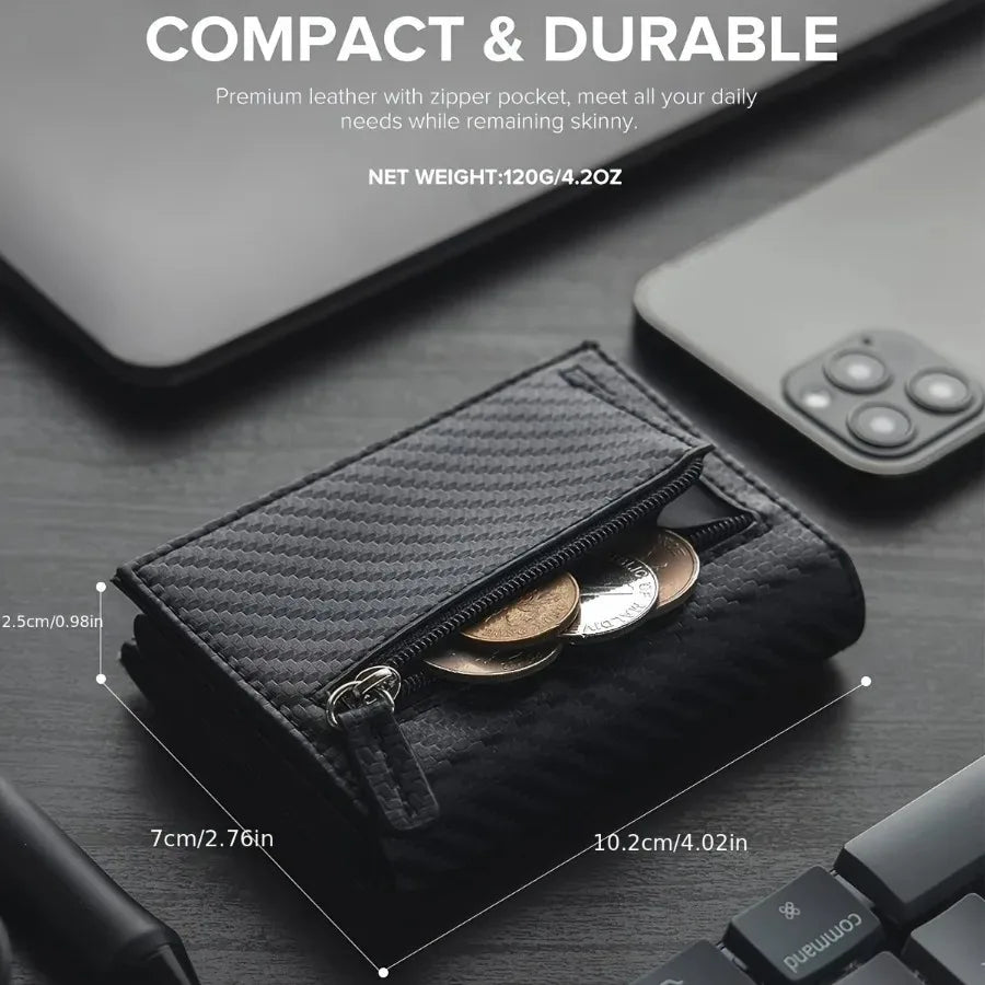 Portefeuille homme compact en PU avec porte-cartes automatique RFID et zip — photo 4