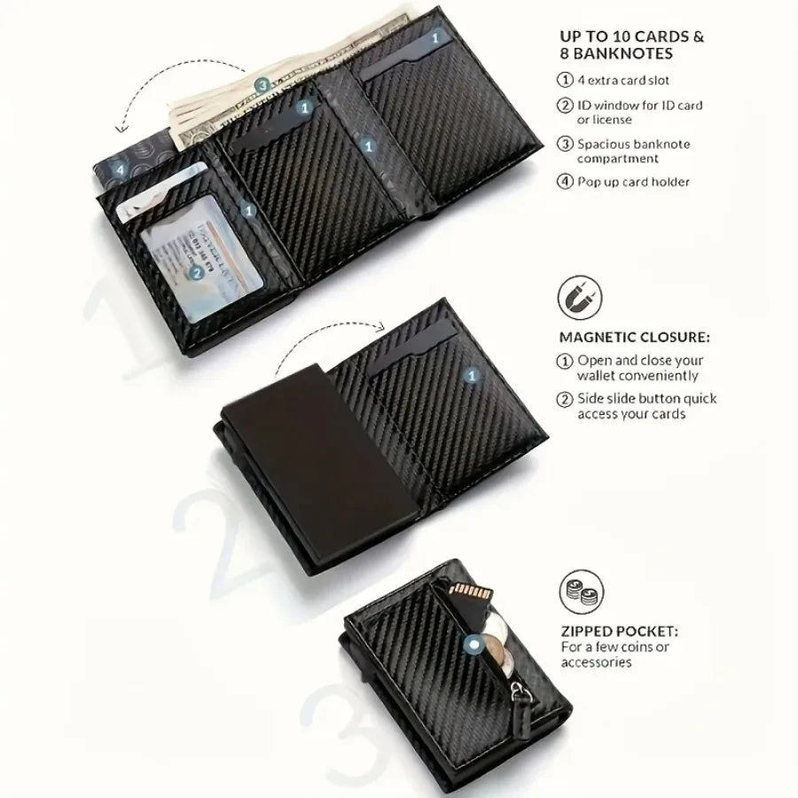 Portefeuille homme compact en PU avec porte-cartes automatique RFID et zip — photo 5