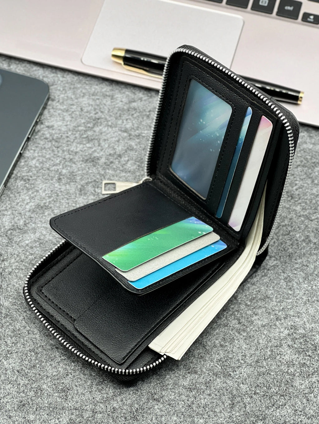 Portefeuille homme compact en cuir PU avec fermeture zippée et porte-cartes slim — photo 2