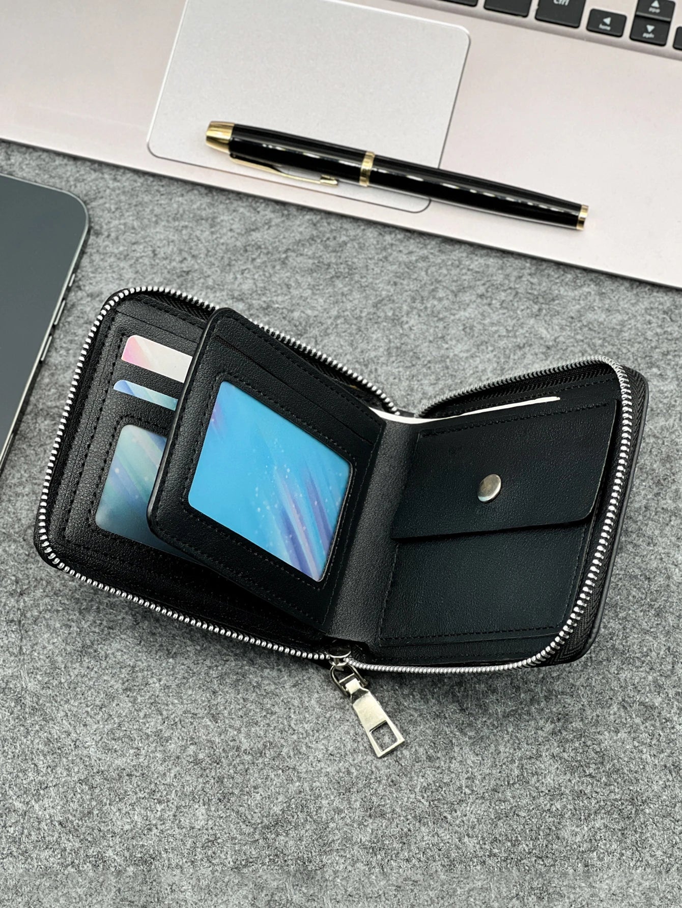 Portefeuille homme compact en cuir PU avec fermeture zippée et porte-cartes slim — photo 4 Image