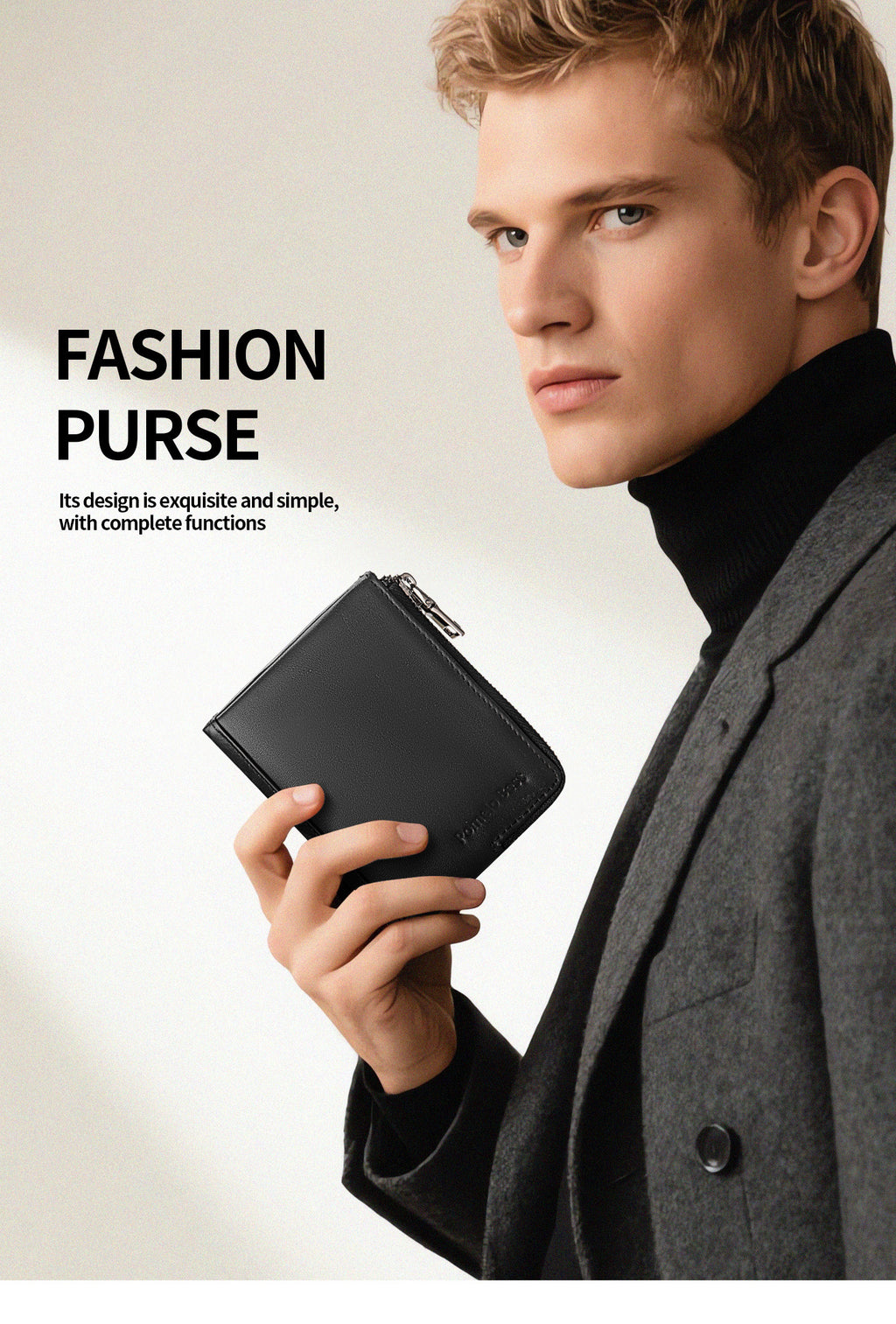 Portefeuille homme compact zippé cuir véritable 85 grammes