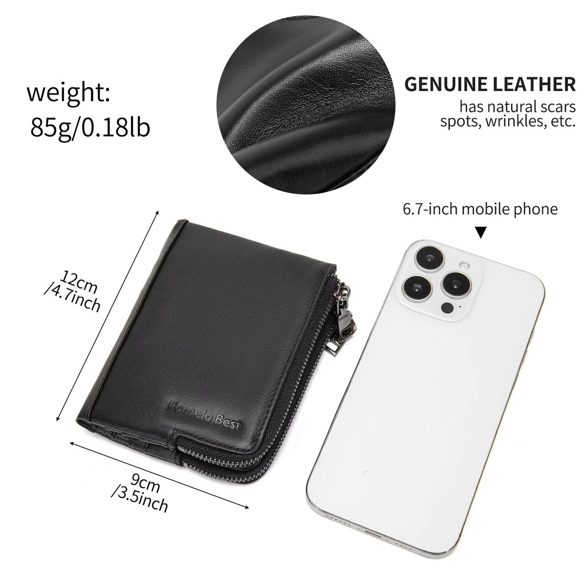 Portefeuille homme compact zippé cuir véritable 85 grammes