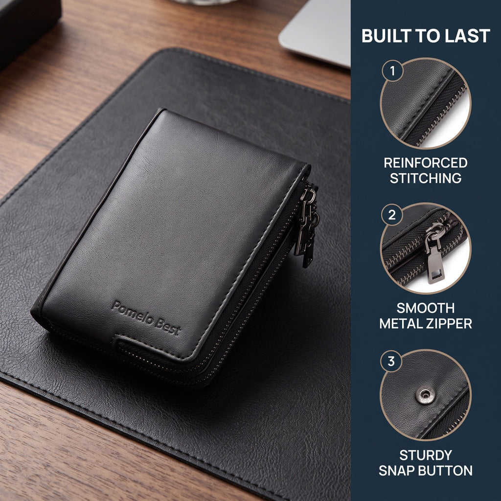 Portefeuille homme compact zippé cuir véritable 85 grammes