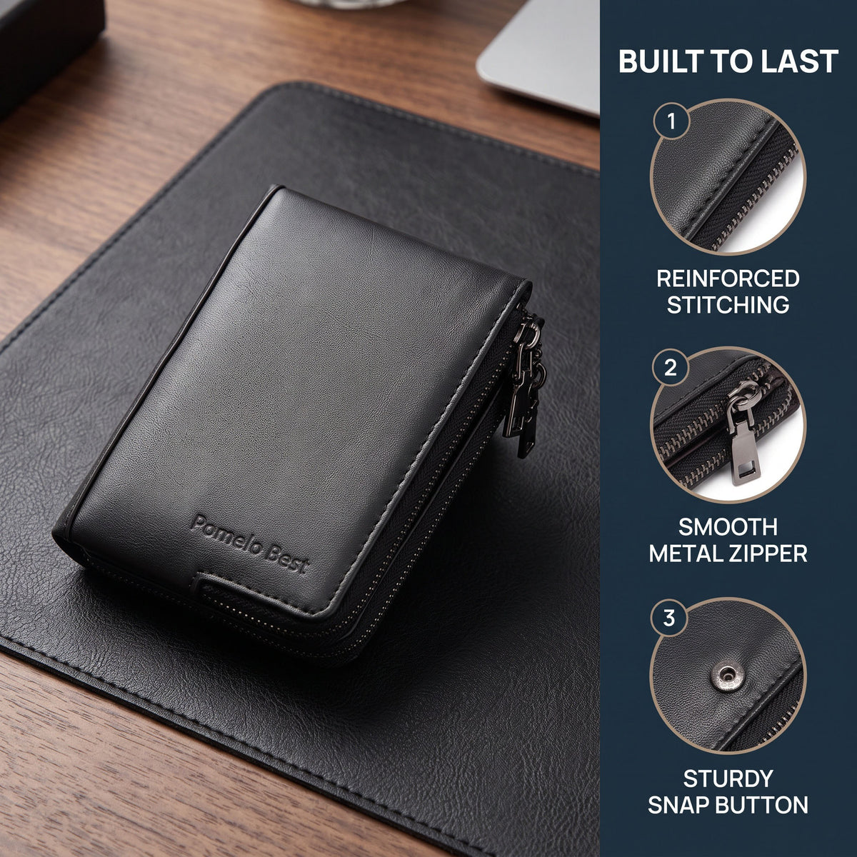 Portefeuille homme compact zippé cuir véritable 85 grammes