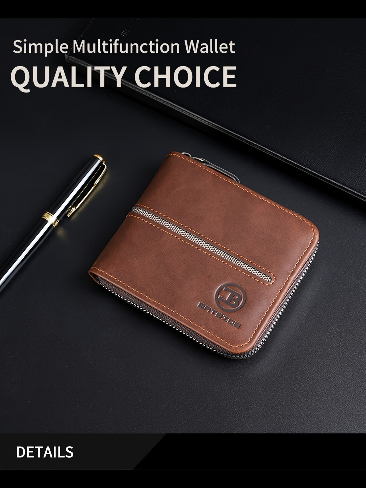 Portefeuille homme compact zippé tout autour, 12 x 10 cm